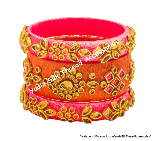 Yaalz Silk Thread Kundan Stone 3Pcs Bangle Sets In Assorted Colors - Set 2