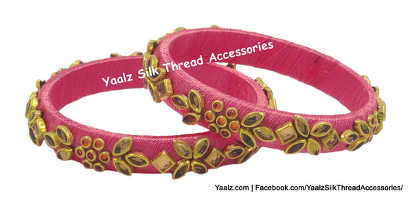 Yaalz Silk Thread Kundan Stone Medium Bangle Pairs In Assorted Colors - Set 3