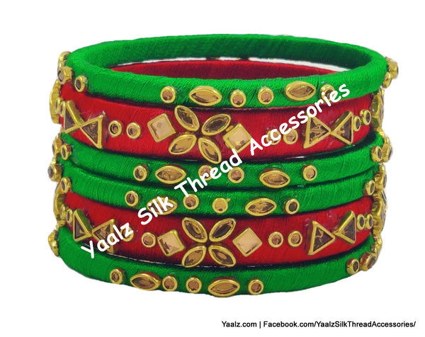 Yaalz Silk Thread Kundan Work 6Pcs Simple Bangle Sets In Assorted Colors - Set 3