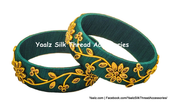 Yaalz Silk Thread Kundan Stone Kada Pairs With Flower & Zardousi Work In Assorted Colors