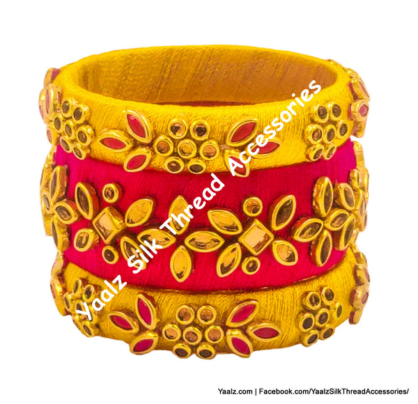 Yaalz Silk Thread Kundan Stone 3Pcs Bangle Sets In Assorted Colors - Set 2