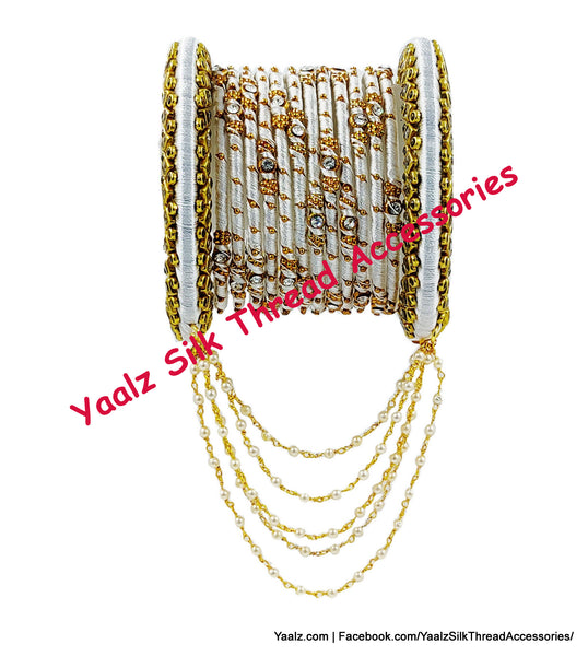 Yaalz Silk Thread Kundan Metal Heavy Bridal / Partywear Bangle Set With Pearl Hangings In Assorted Colors