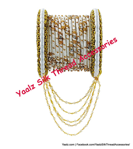 Yaalz Silk Thread Kundan Metal Heavy Bridal / Partywear Bangle Set With Pearl Hangings In Assorted Colors