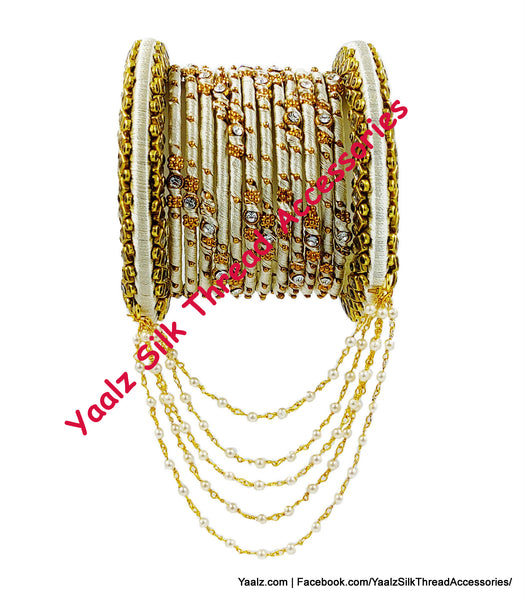 Yaalz Silk Thread Kundan Metal Heavy Bridal / Partywear Bangle Set With Pearl Hangings In Assorted Colors