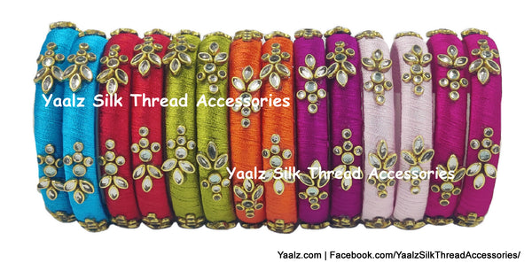 Yaalz Silk Thread Kundan Stone Medium Bangle Pairs In Assorted Colors - Set 3