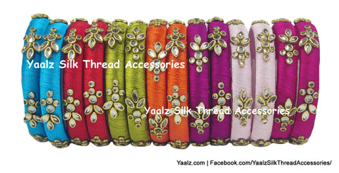 Yaalz Silk Thread Kundan Stone Medium Bangle Pairs In Assorted Colors - Set 3