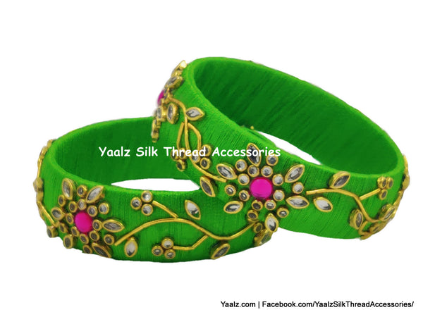 Yaalz Silk Thread Kundan Stone Kada Pairs With Flower & Zardousi Work In Assorted Colors