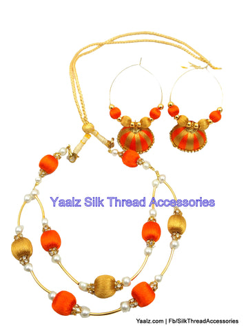 silk thread jewelry Bangle Earring Jumka-Yaalz Simple Choker Neckset In Orange & Gold Colors-YAALZ