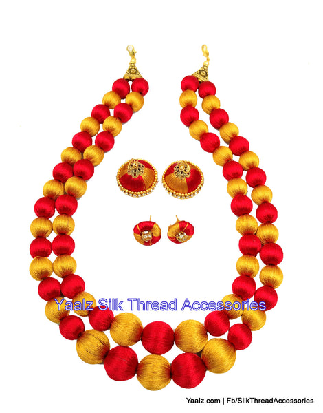 silk thread jewelry Bangle Earring Jumka-Yaalz 2 Layer Heavy Neckset In Red & Gold Colors-YAALZ