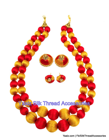 silk thread jewelry Bangle Earring Jumka-Yaalz 2 Layer Heavy Neckset In Red & Gold Colors-YAALZ