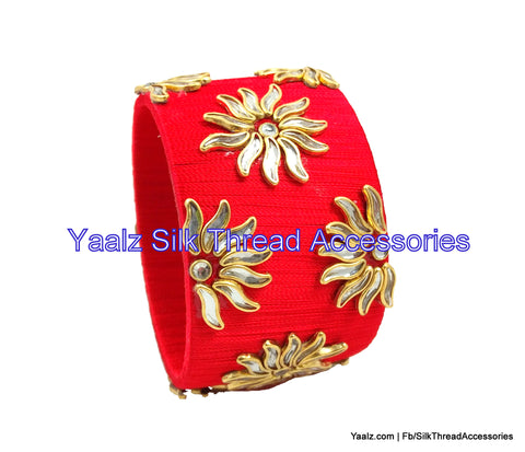 silk thread jewelry Bangle Earring Jumka-Yaalz Jumbo Kada With Kundan Stone Work In Red Color-YAALZ