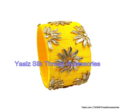 silk thread jewelry Bangle Earring Jumka-Yaalz Jumbo Kada With Kundan Stone Work In Yellow Color-YAALZ