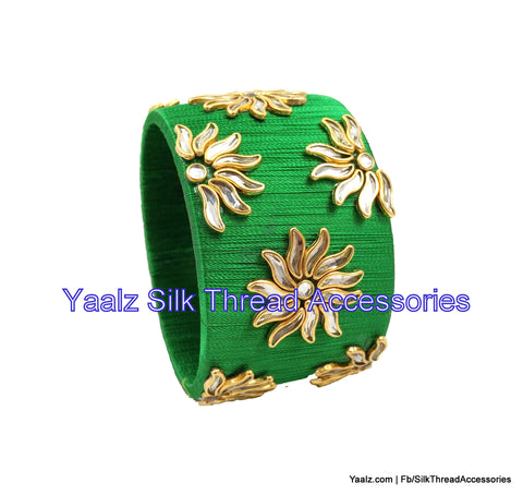silk thread jewelry Bangle Earring Jumka-Yaalz Jumbo Kada With Kundan Stone Work In Green Color-YAALZ