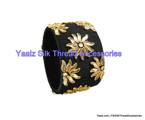 silk thread jewelry Bangle Earring Jumka-Yaalz Jumbo Kada Bangles With Kundan Stone Work In Black Color-YAALZ