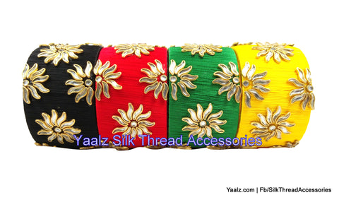silk thread jewelry Bangle Earring Jumka-Yaalz Jumbo Kada Bangles With Kundan Stone Work In Black, Red, Green & Yellow Colors-YAALZ