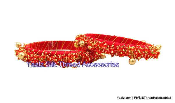 silk thread jewelry Bangle Earring Jumka-Yaalz Rich Pearl Bangle Set In Red Color-YAALZ