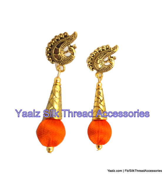 silk thread jewelry Bangle Earring Jumka-Yaalz Gada Model Antique Earring in Orange Color-YAALZ