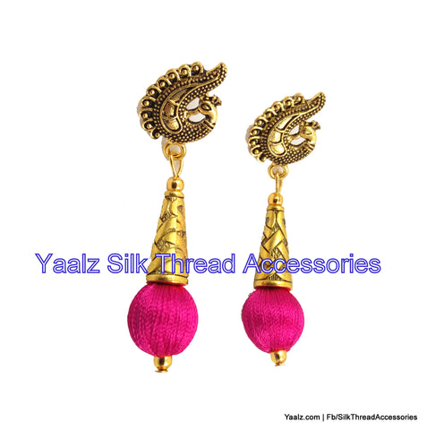 silk thread jewelry Bangle Earring Jumka-Yaalz Gada Model Antique Earring in Rani Pink Color-YAALZ