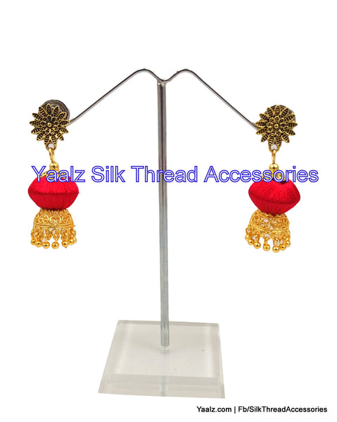 silk thread jewelry Bangle Earring Jumka-Yaalz Bicone Model Antique Earring in Red Color-YAALZ