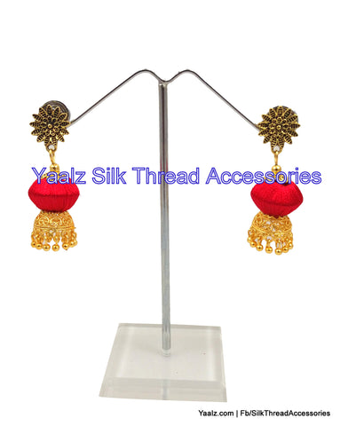 silk thread jewelry Bangle Earring Jumka-Yaalz Bicone Model Antique Earring in Red Color-YAALZ