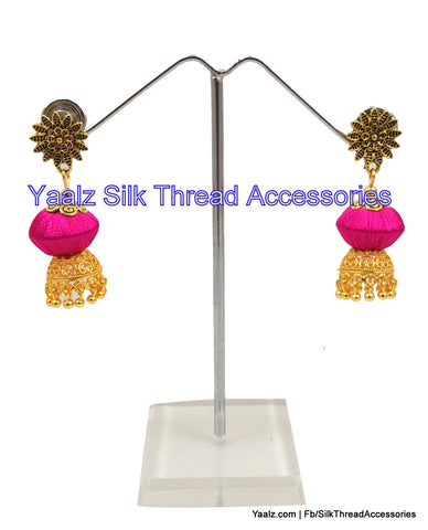 silk thread jewelry Bangle Earring Jumka-Yaalz Bicone Model Antique Earring in Rani Pink Color-YAALZ