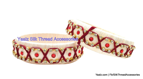 silk thread jewelry Bangle Earring Jumka-Yaalz Simple Kada Bangle Pair In White & Maroon Colors-YAALZ