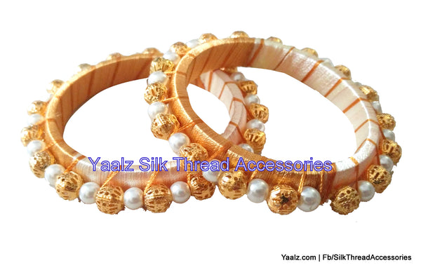 silk thread jewelry Bangle Earring Jumka-Yaalz Simple Pearl Bangle Pair In Half White & Gold Colors-YAALZ