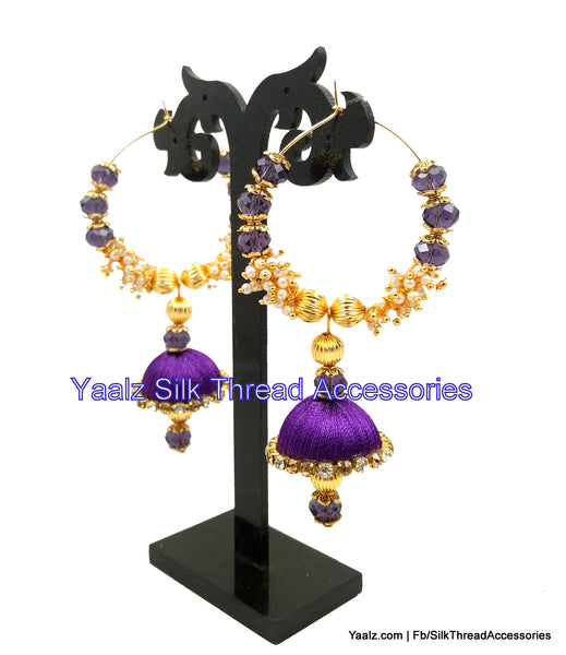 silk thread jewelry Bangle Earring Jumka-Yaalz Heavy Crystal & Pearl Bali Jhumka In Purple Color-YAALZ