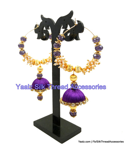 silk thread jewelry Bangle Earring Jumka-Yaalz Heavy Crystal & Pearl Bali Jhumka In Purple Color-YAALZ