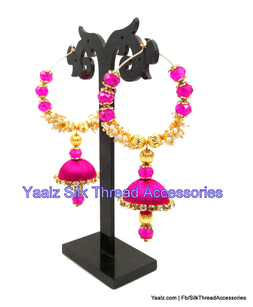 silk thread jewelry Bangle Earring Jumka-Yaalz Heavy Crystal & Pearl Bali Jhumka In Pink Color-YAALZ