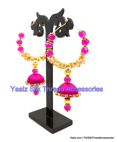 silk thread jewelry Bangle Earring Jumka-Yaalz Heavy Crystal & Pearl Bali Jhumka In Pink Color-YAALZ