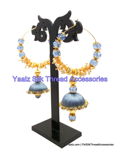 silk thread jewelry Bangle Earring Jumka-Yaalz Heavy Crystal & Pearl Bali Jhumka In Silver Grey Color-YAALZ