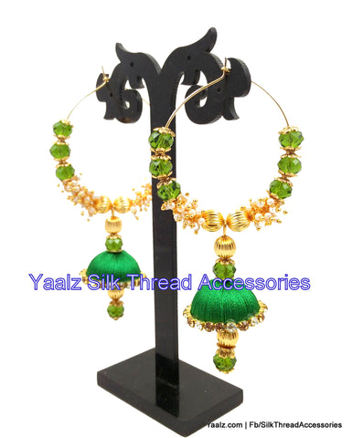 silk thread jewelry Bangle Earring Jumka-Yaalz Heavy Crystal & Pearl Bali Jhumka In Green Color-YAALZ