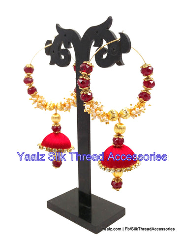silk thread jewelry Bangle Earring Jumka-Yaalz Heavy Crystal & Pearl Bali Jhumka In Red Color-YAALZ