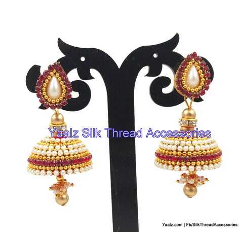 silk thread jewelry Bangle Earring Jumka-Yaalz Rich Pearl Silk Thread Jhumka With Red Stones-YAALZ
