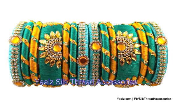 silk thread jewelry Bangle Earring Jumka-Yaalz Party Wear Bangle Set In Green, Mango Yellow & Turquoise Blue Colors-YAALZ