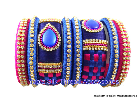 silk thread jewelry Bangle Earring Jumka-Yaalz Checker Bangles Set In Rani Pink With Light & Dark Blue Colors-YAALZ
