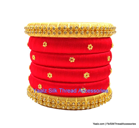 silk thread jewelry Bangle Earring Jumka-Yaalz Simple Antique Stone Bangle Set In Red & Gold Colors-YAALZ