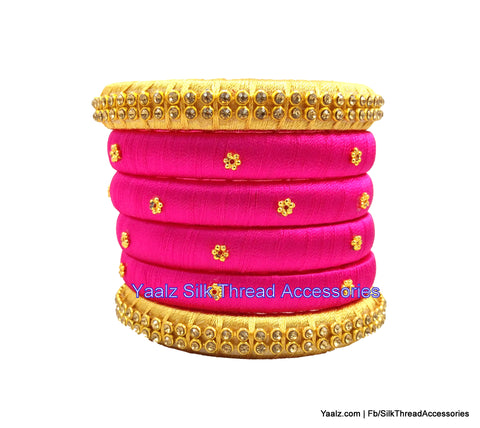 silk thread jewelry Bangle Earring Jumka-Yaalz Simple Antique Stone Bangle Set In Rani Pink & Gold Colors-YAALZ