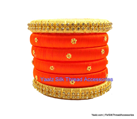 silk thread jewelry Bangle Earring Jumka-Yaalz Simple Antique Stone Bangle Set In Orange & Gold Colors-YAALZ
