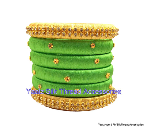 silk thread jewelry Bangle Earring Jumka-Yaalz Simple Antique Stone Bangle Set In Parrot Green & Gold Colors-YAALZ