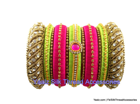 silk thread jewelry Bangle Earring Jumka-Yaalz Heavy Bridal Partywear Bangles Set In Parrot Green & Rani Pink Colors-YAALZ