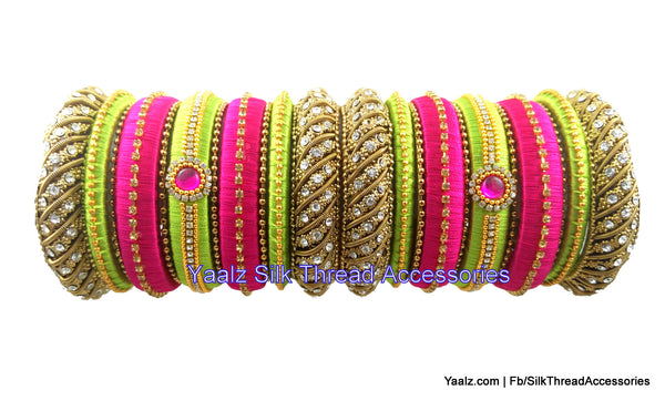 silk thread jewelry Bangle Earring Jumka-Yaalz Heavy Bridal Party wear Bangles Set In Parrot Green & Rani Pink Colors-YAALZ