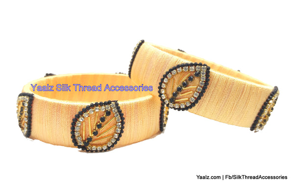 silk thread jewelry Bangle Earring Jumka-Yaalz Leaf Design Kada Bangle Set In Cream & Black Colors-YAALZ