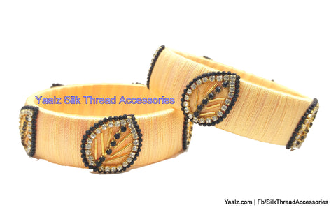silk thread jewelry Bangle Earring Jumka-Yaalz Leaf Design Kada Bangle Set In Cream & Black Colors-YAALZ