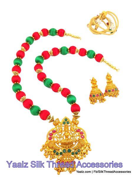 silk thread jewelry Bangle Earring Jumka-Yaalz Matt Finished Antique Lakshmi Pendant Set In Red & Green Colors-YAALZ