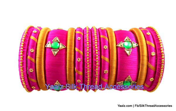 silk thread jewelry Bangle Earring Jumka-Yaalz Kundan Stone Assorted Bangle Set In Pink & Gold Colors-YAALZ