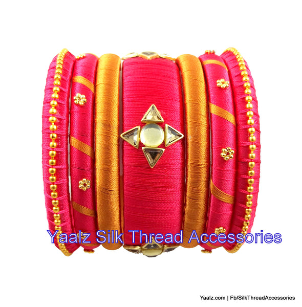 silk thread jewelry Bangle Earring Jumka-Yaalz Kundan Stone Assorted Bangle Set In Reddish Pink & Gold Colors-YAALZ