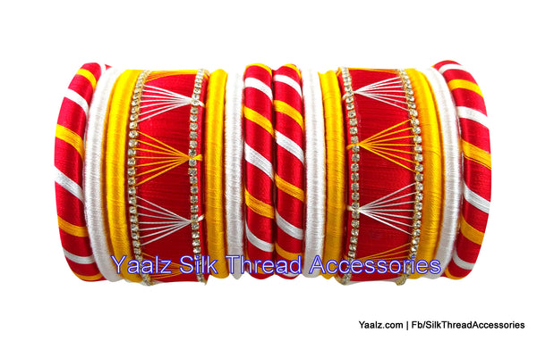 silk thread jewelry Bangle Earring Jumka-Yaalz Assorted Bangle Set In White, Red & Yellow Colors-YAALZ