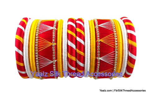 silk thread jewelry Bangle Earring Jumka-Yaalz Assorted Bangle Set In White, Red & Yellow Colors-YAALZ